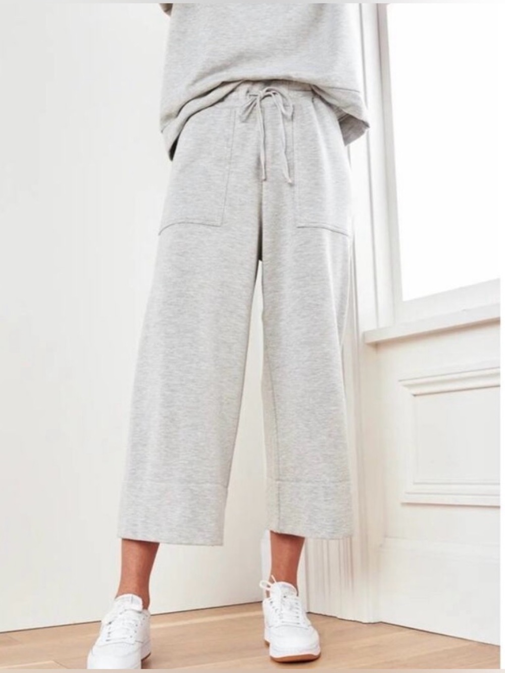 Quince SuperSoft Fleece Cropped Wide Leg Pants light Heather Gray Womens Small